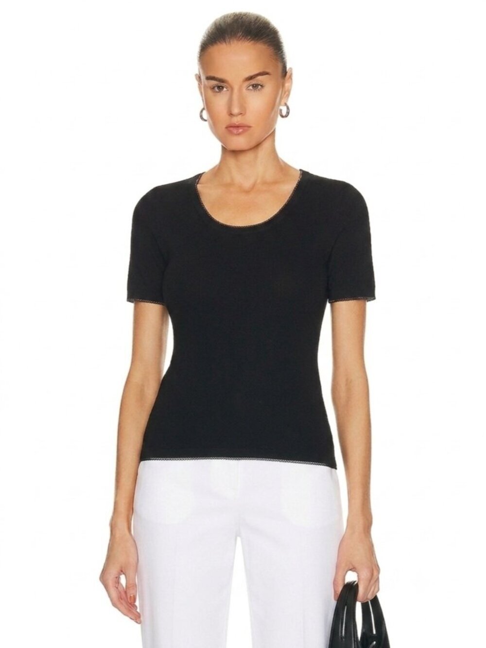 Sandro Black gold trim Textured cable Knit Short Sleeve crew Sweater Top 3 M/L